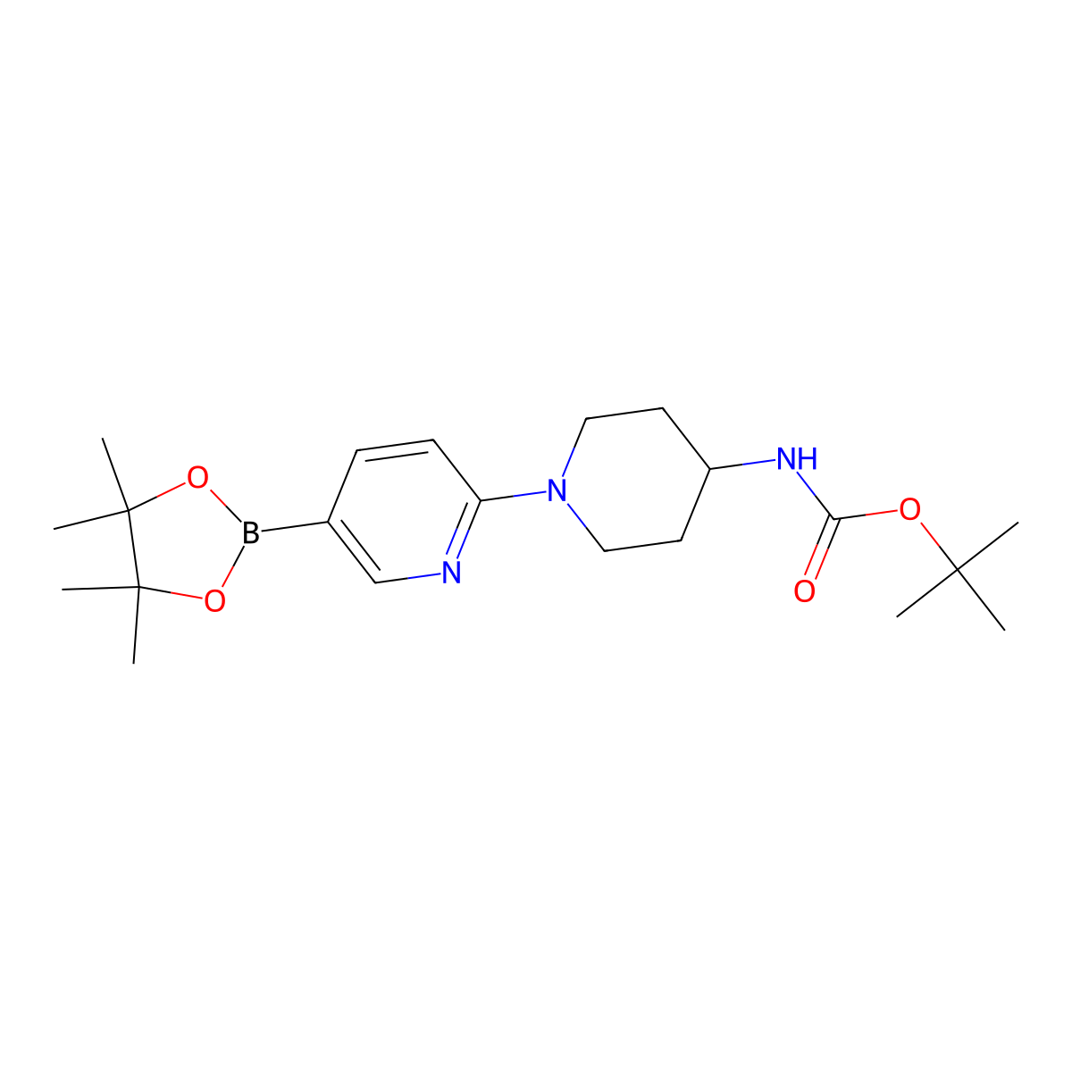 tert-Butyl (1-(5-(4,4,5,5-tetramethyl-1,3,2-dioxaborolan-2-yl)pyridin-2-yl)piperidin-4-yl)carbamate molecular structure, CAS 1042917-44-1