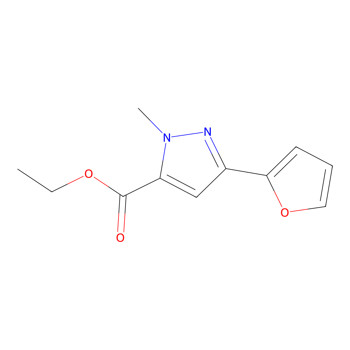 Ethyl 3-(furan-2-yl)-1-methyl-1H-pyrazole-5-carboxylate molecular structure, CAS 104295-62-7