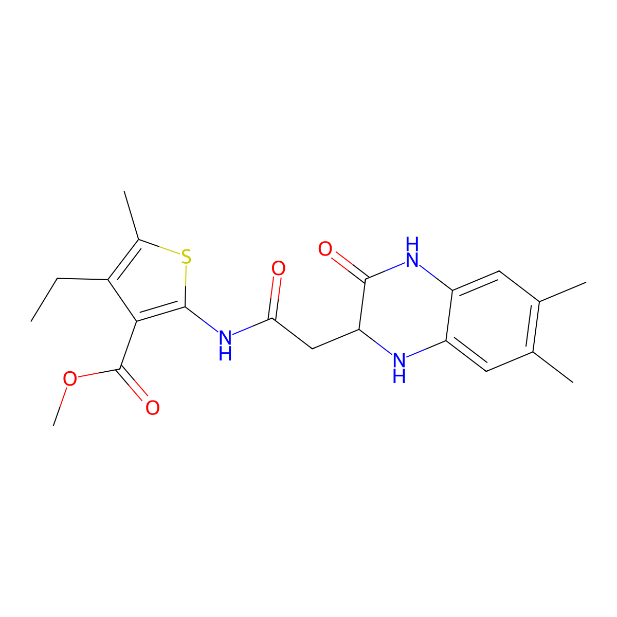 Methyl 2-[2-(6,7-dimethyl-3-oxo-1,2,3,4-tetrahydroquinoxalin-2-yl)acetamido]-4-ethyl-5-methylthiophene-3-carboxylate molecular structure, CAS 1042967-97-4