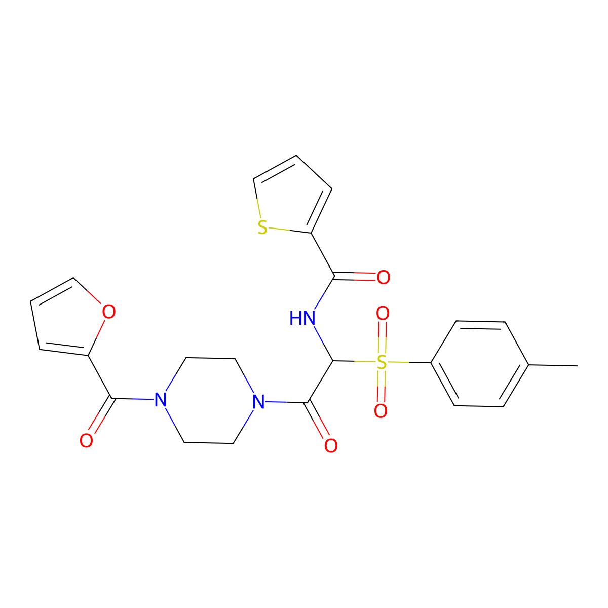 N-(2-(4-(furan-2-carbonyl)piperazin-1-yl)-2-oxo-1-tosylethyl)thiophene-2-carboxamide molecular structure, CAS 1042974-48-0