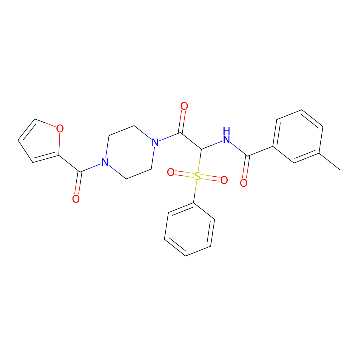 N-[1-(benzenesulfonyl)-2-[4-(furan-2-carbonyl)piperazin-1-yl]-2-oxoethyl]-3-methylbenzamide molecular structure, CAS 1042974-60-6