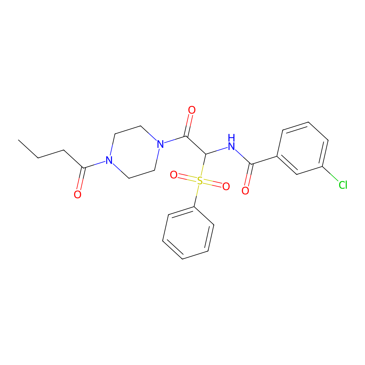N-[1-(benzenesulfonyl)-2-(4-butanoylpiperazin-1-yl)-2-oxoethyl]-3-chlorobenzamide molecular structure, CAS 1042974-65-1