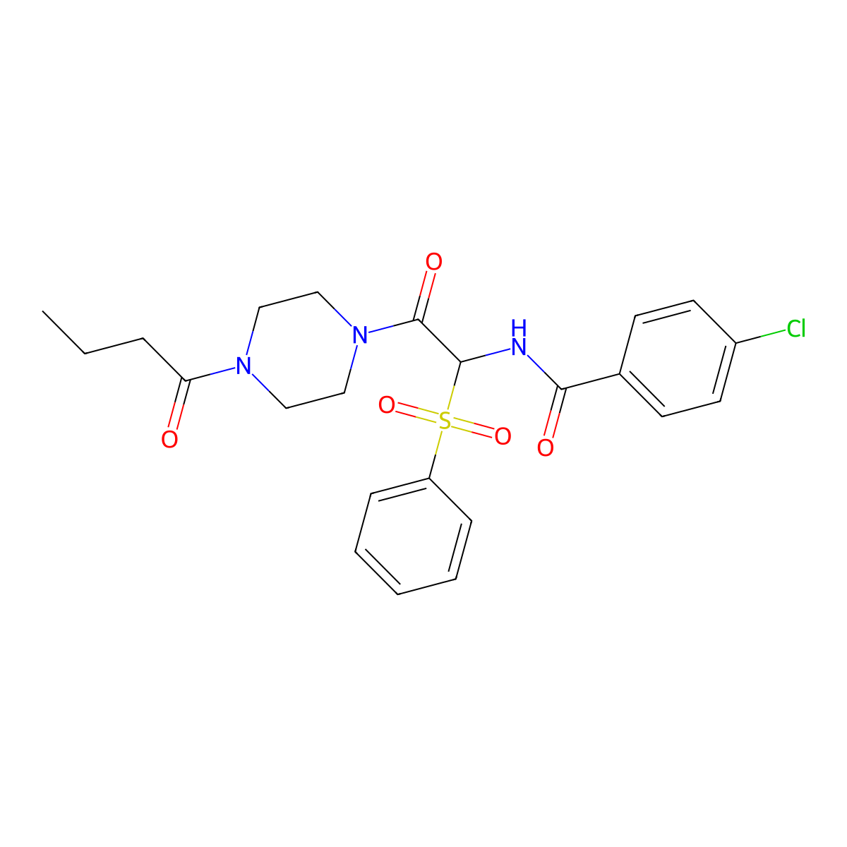 N-[1-(benzenesulfonyl)-2-(4-butanoylpiperazin-1-yl)-2-oxoethyl]-4-chlorobenzamide molecular structure, CAS 1042974-75-3