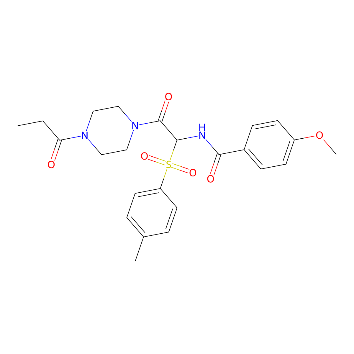 4-methoxy-N-(2-oxo-2-(4-propionylpiperazin-1-yl)-1-tosylethyl)benzamide molecular structure, CAS 1043007-00-6