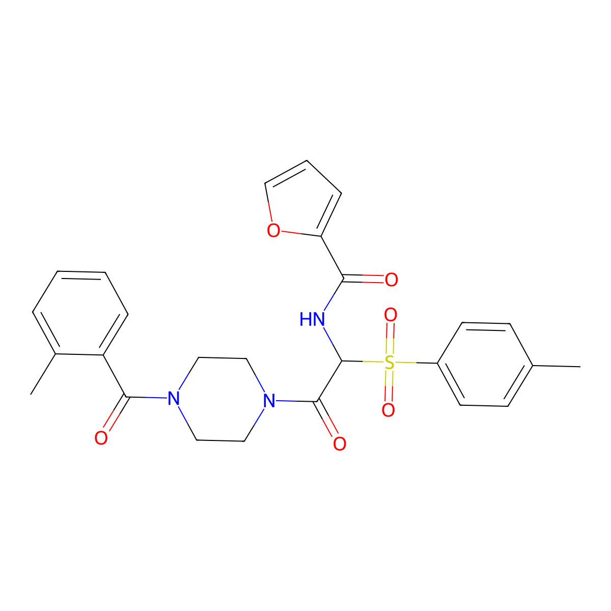 N-(2-(4-(2-methylbenzoyl)piperazin-1-yl)-2-oxo-1-tosylethyl)furan-2-carboxamide molecular structure, CAS 1043008-34-9