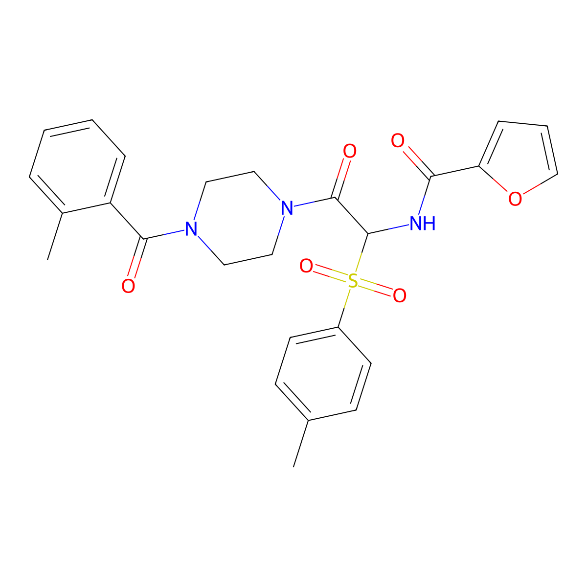 N-(2-(4-(2-methylbenzoyl)piperazin-1-yl)-2-oxo-1-tosylethyl)furan-2-carboxamide molecular structure, CAS 1043008-34-9