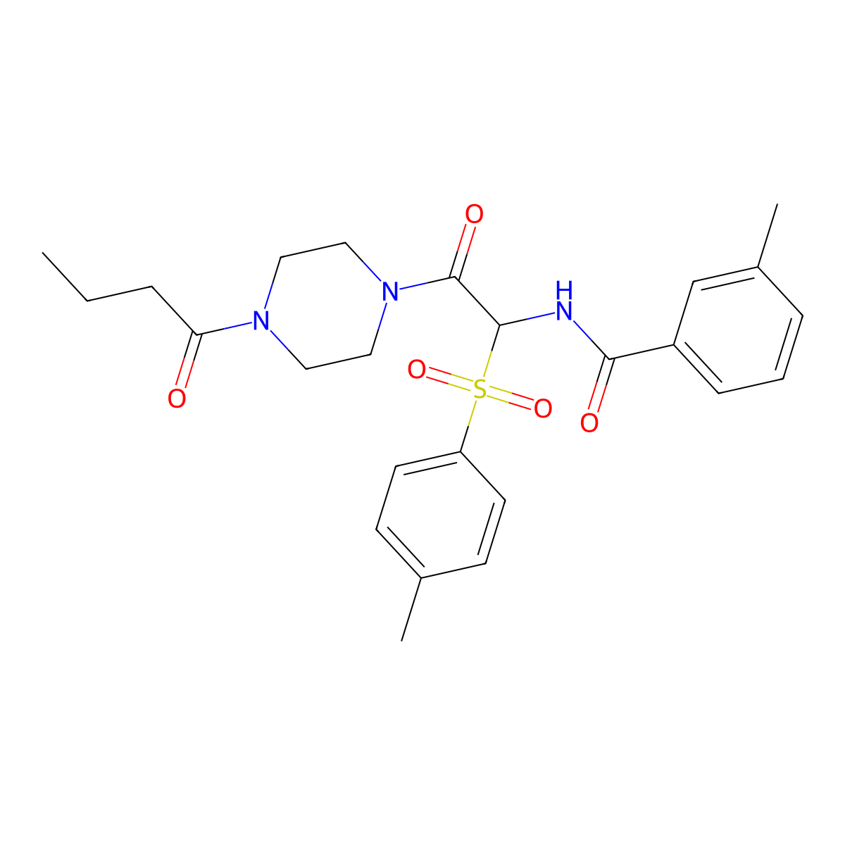 N-(2-(4-butyrylpiperazin-1-yl)-2-oxo-1-tosylethyl)-3-methylbenzamide molecular structure, CAS 1043008-85-0