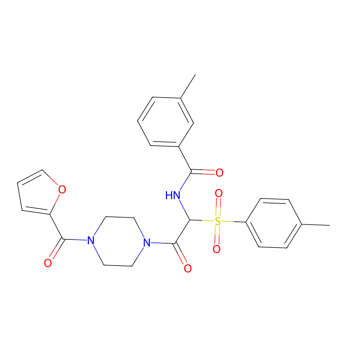 N-(2-(4-(furan-2-carbonyl)piperazin-1-yl)-2-oxo-1-tosylethyl)-3-methylbenzamide molecular structure, CAS 1043009-12-6