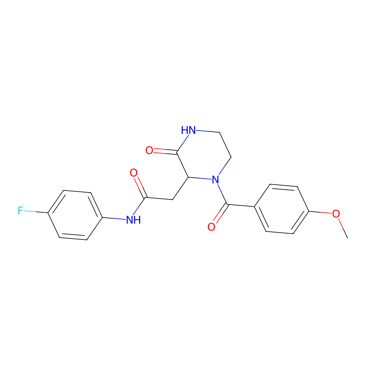 N-(4-fluorophenyl)-2-[1-(4-methoxybenzoyl)-3-oxopiperazin-2-yl]acetamide molecular structure, CAS 1043010-44-1