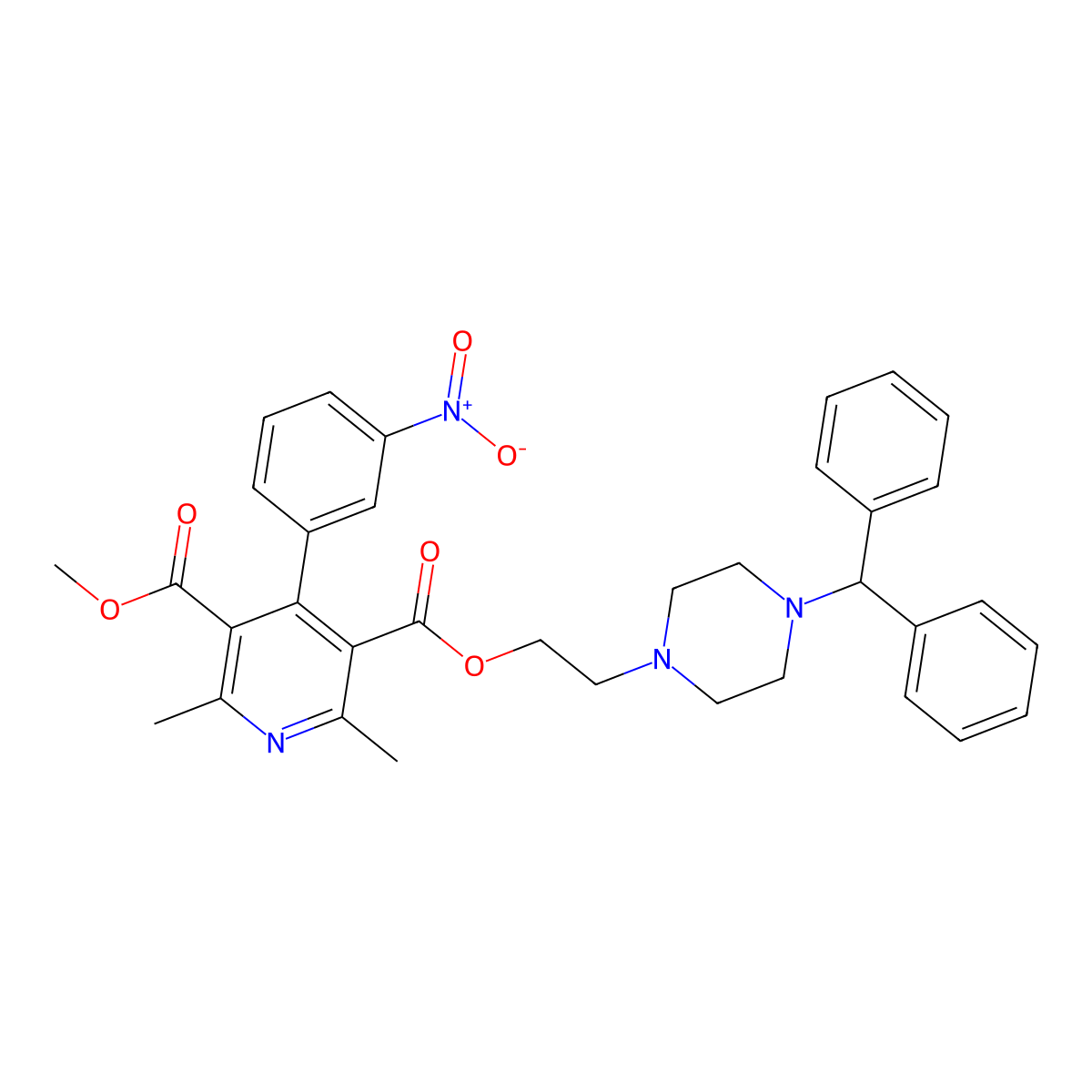 2-(4-(Diphenylmethyl)-1-piperazinyl)ethylmethyl-2,6-dimethyl-4-(3-nitrophenyl)-3,5-pyridinedicarboxylate molecular structure, CAS 104305-93-3