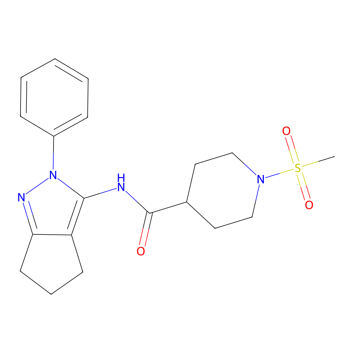 1-(methylsulfonyl)-N-(2-phenyl-2,4,5,6-tetrahydrocyclopenta[c]pyrazol-3-yl)piperidine-4-carboxamide molecular structure, CAS 1043068-14-9
