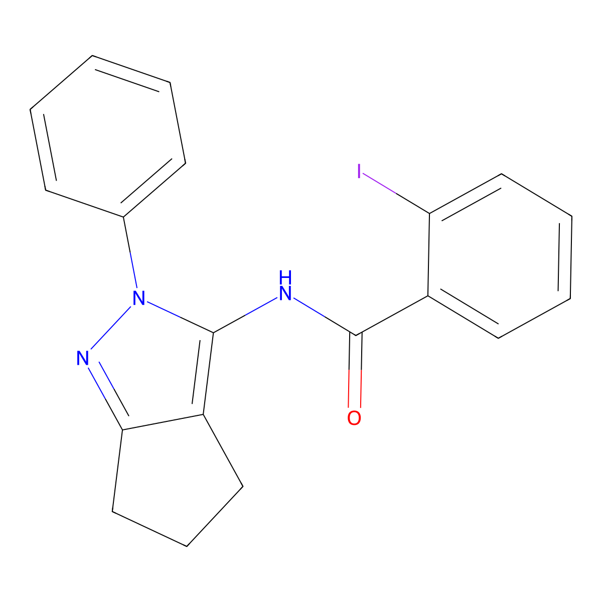 2-iodo-N-(2-phenyl-2,4,5,6-tetrahydrocyclopenta[c]pyrazol-3-yl)benzamide molecular structure, CAS 1043141-27-0