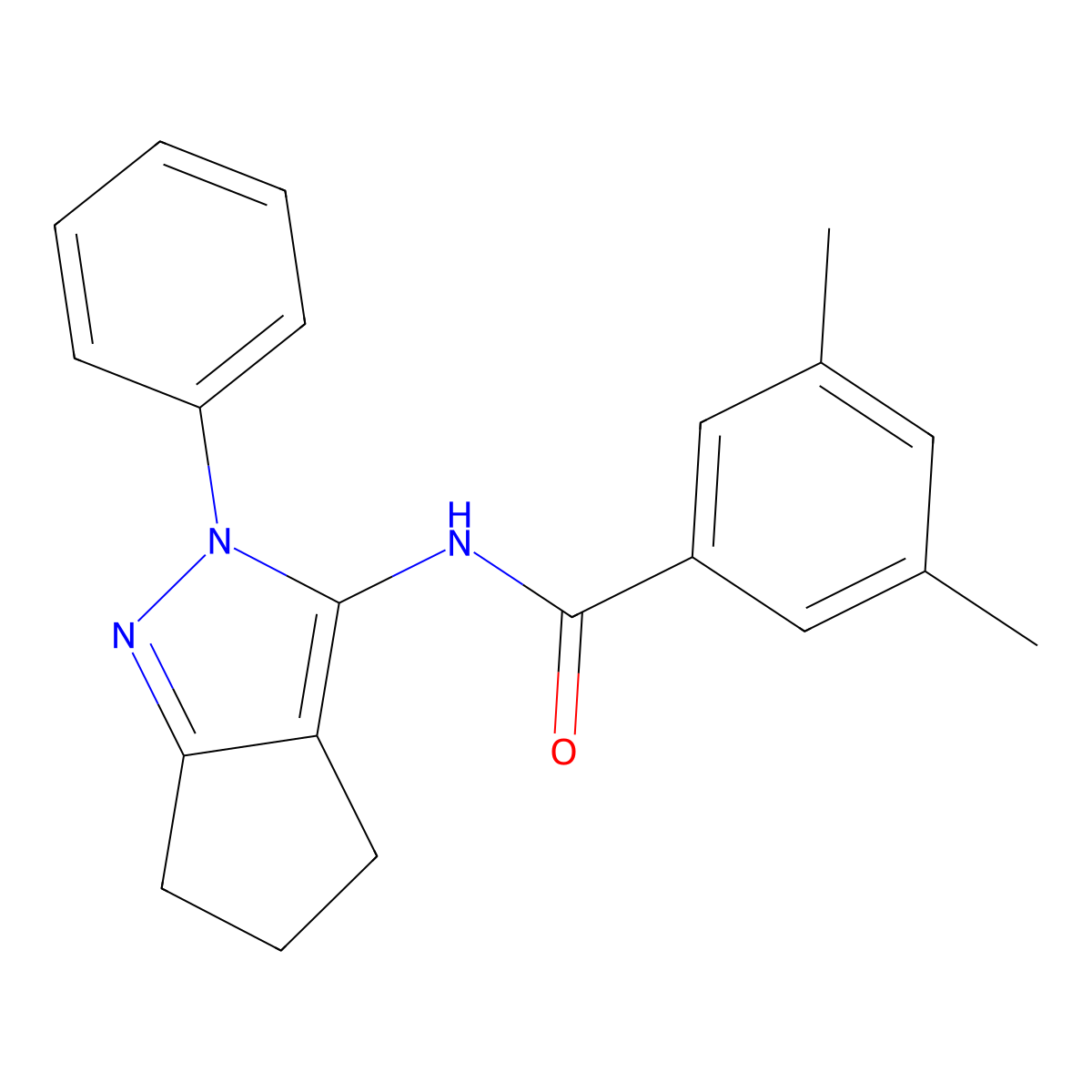 3,5-dimethyl-N-(2-phenyl-2,4,5,6-tetrahydrocyclopenta[c]pyrazol-3-yl)benzamide molecular structure, CAS 1043141-59-8