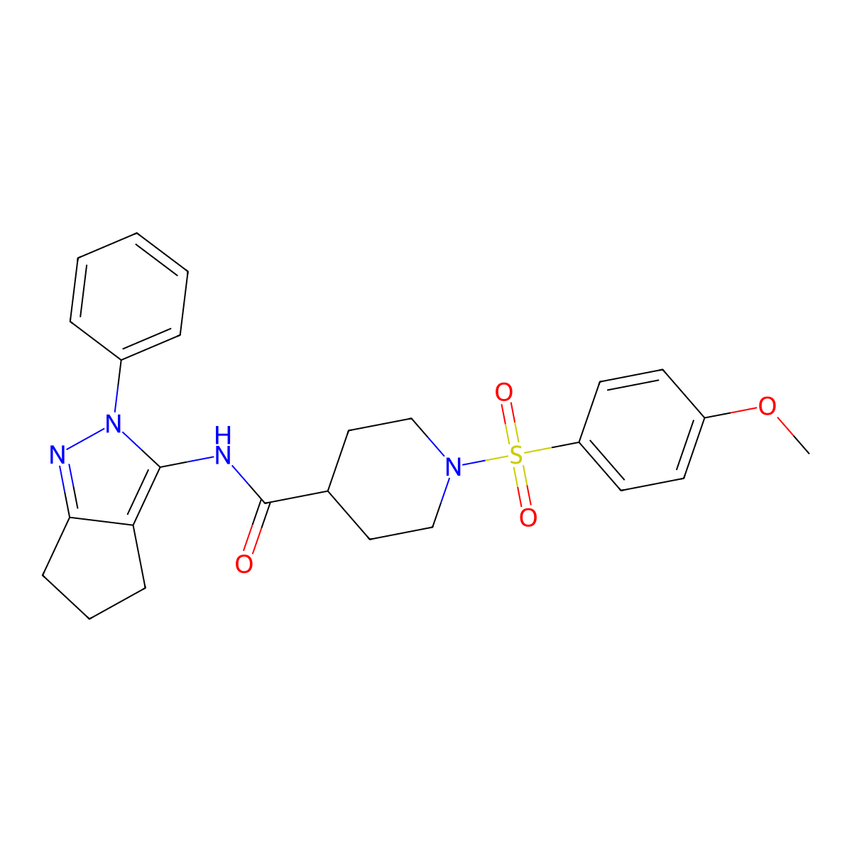 1-((4-methoxyphenyl)sulfonyl)-N-(2-phenyl-2,4,5,6-tetrahydrocyclopenta[c]pyrazol-3-yl)piperidine-4-carboxamide molecular structure, CAS 1043142-63-7