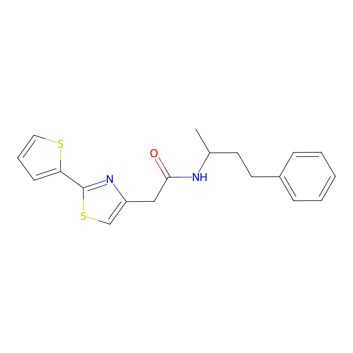 N-(4-phenylbutan-2-yl)-2-[2-(thiophen-2-yl)-1,3-thiazol-4-yl]acetamide molecular structure, CAS 1043206-00-3