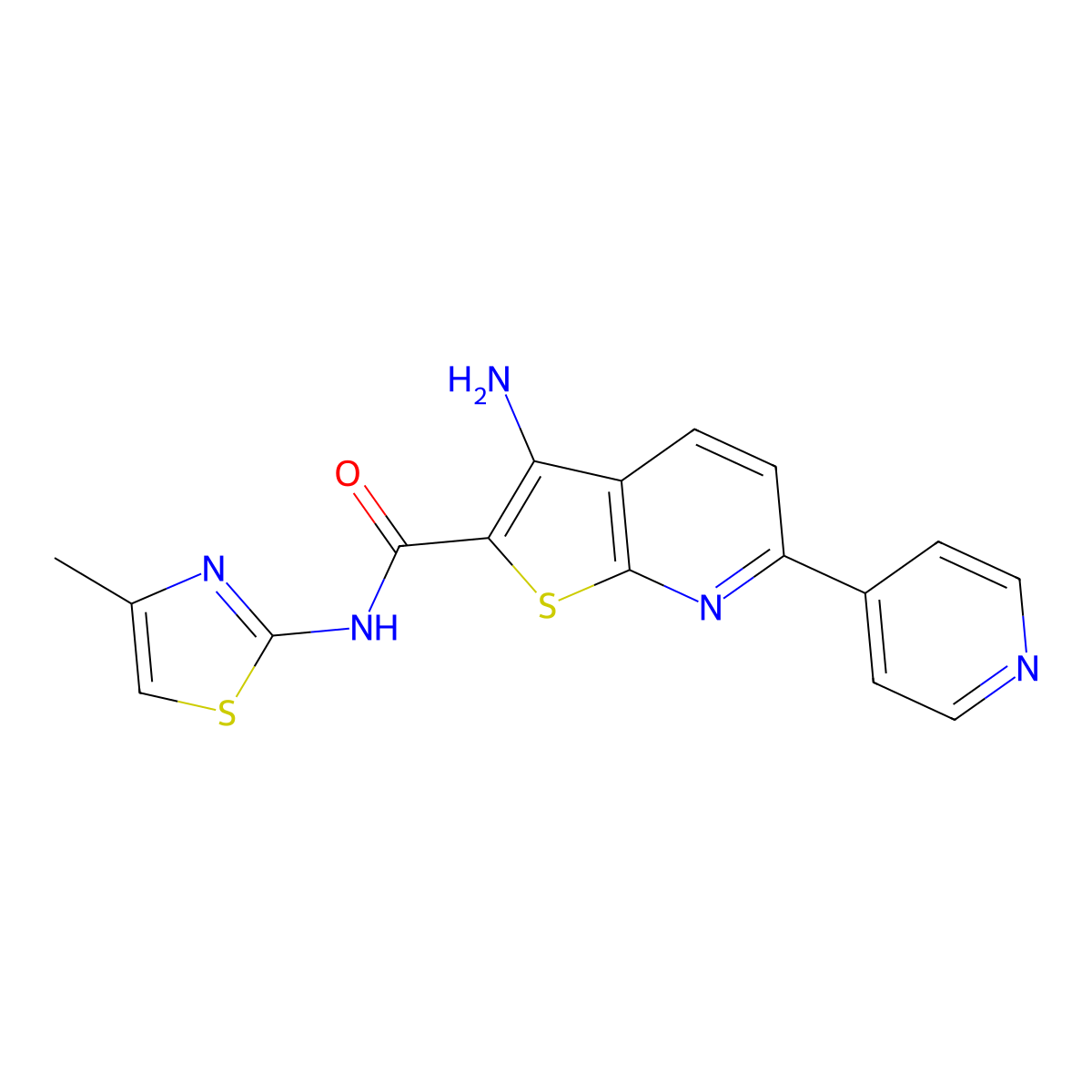 3-amino-N-(4-methylthiazol-2-yl)-6-(pyridin-4-yl)thieno[2,3-b]pyridine-2-carboxamide molecular structure, CAS 1043384-64-0