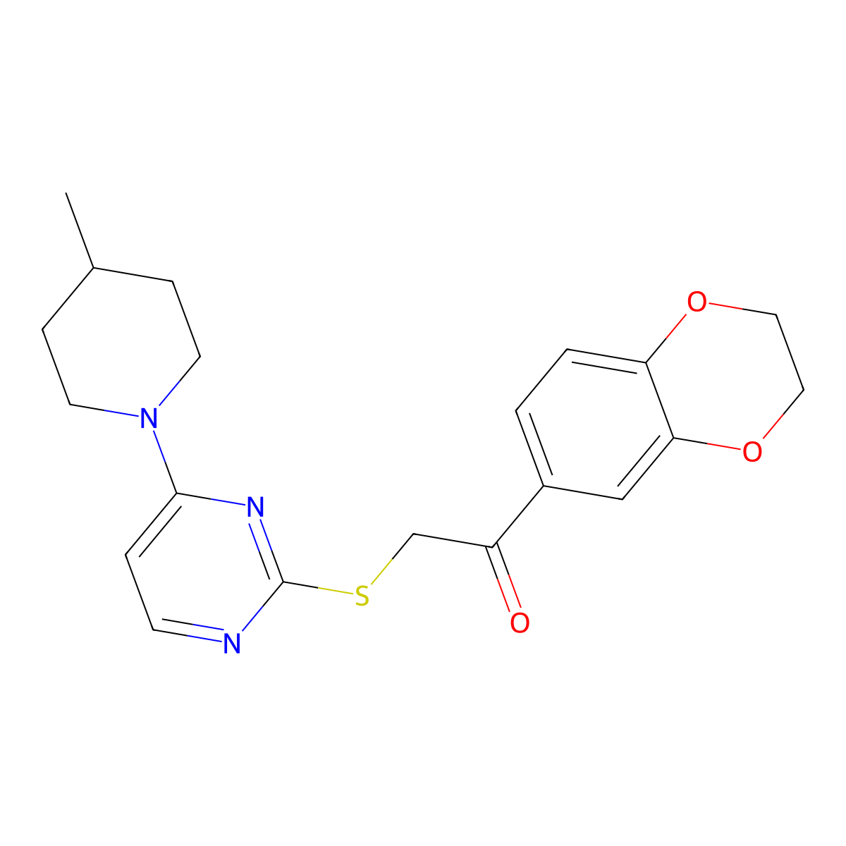 1-(2,3-Dihydro-1,4-benzodioxin-6-yl)-2-{[4-(4-methylpiperidin-1-yl)pyrimidin-2-yl]sulfanyl}ethanone molecular structure, CAS 1043388-76-6