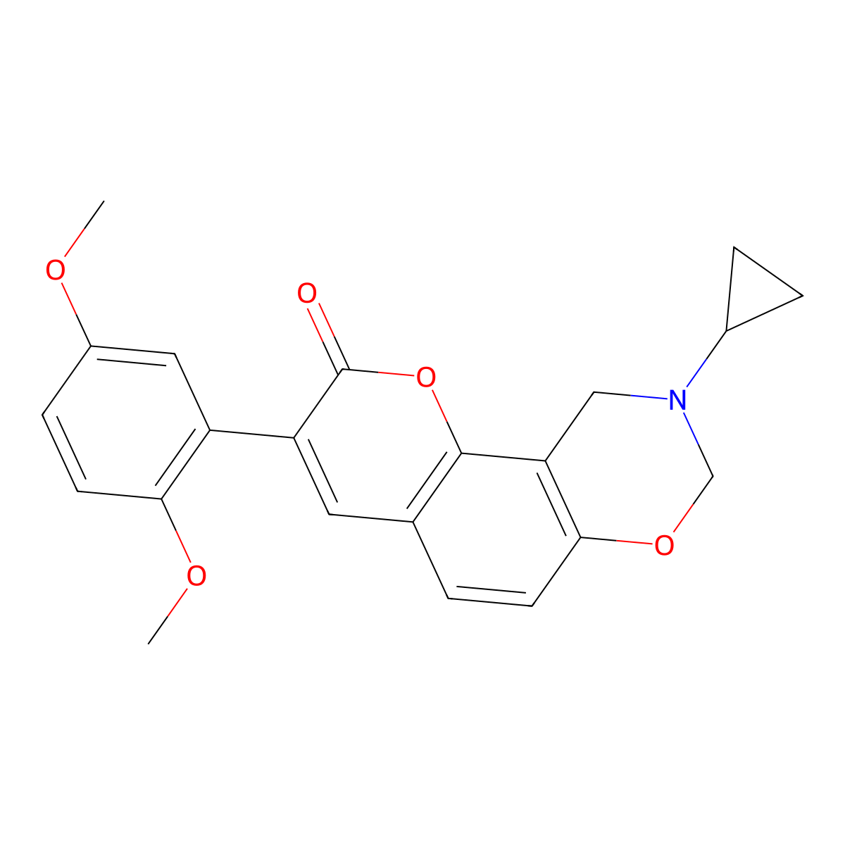 9-cyclopropyl-3-(2,5-dimethoxyphenyl)-9,10-dihydrochromeno[8,7-e][1,3]oxazin-2(8H)-one molecular structure, CAS 1043390-10-8