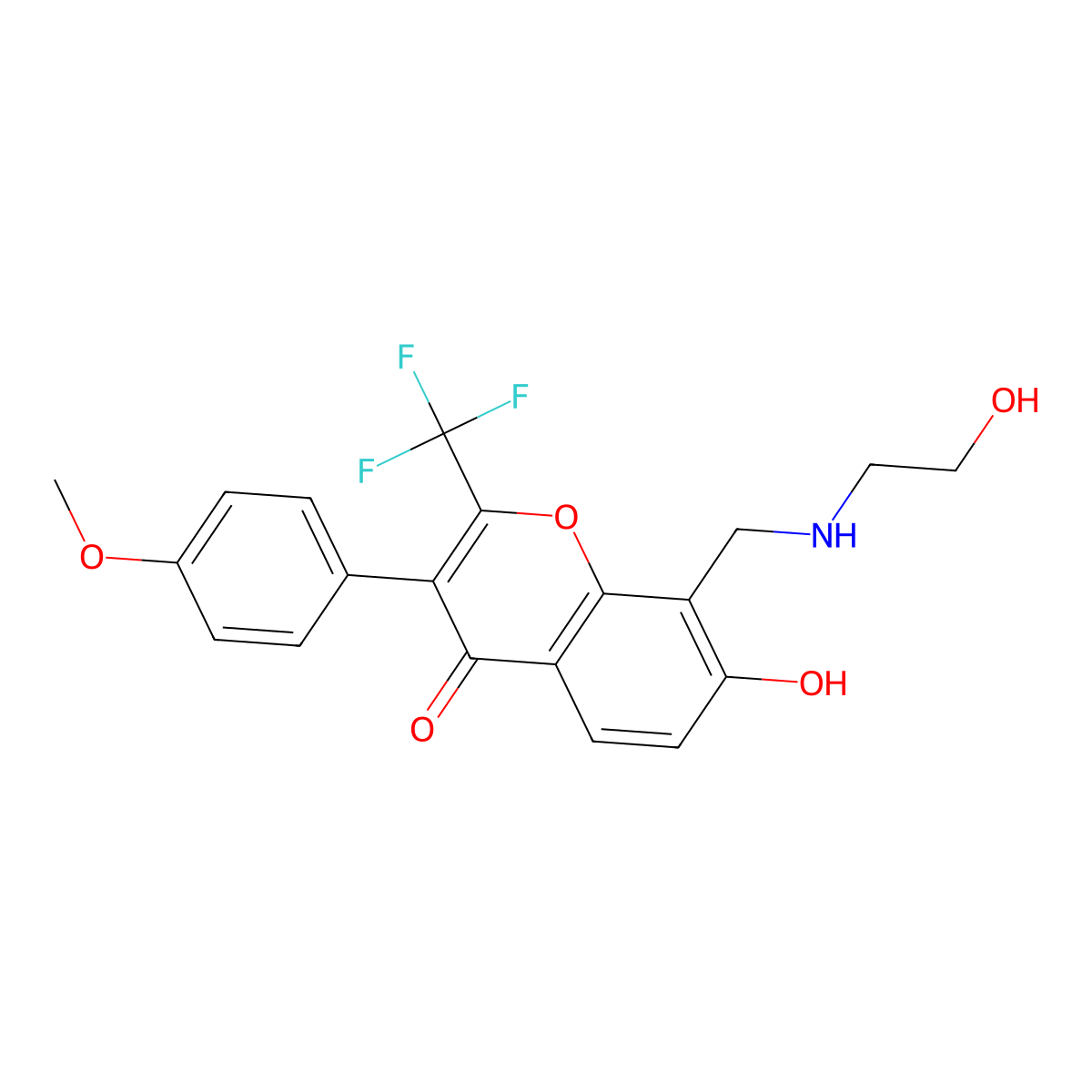 7-hydroxy-8-(((2-hydroxyethyl)amino)methyl)-3-(4-methoxyphenyl)-2-(trifluoromethyl)-4H-chromen-4-one molecular structure, CAS 1043390-16-4