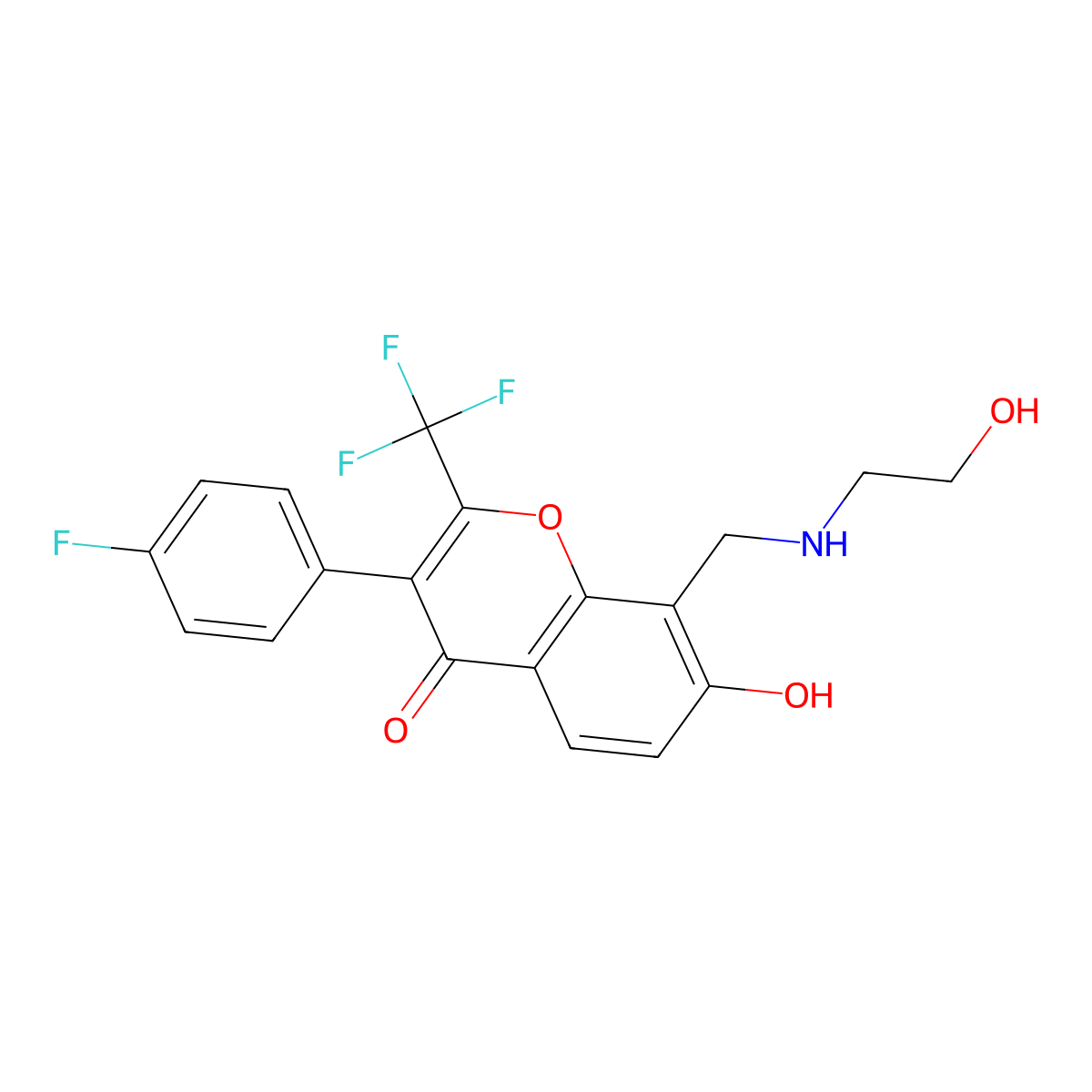 3-(4-fluorophenyl)-7-hydroxy-8-{[(2-hydroxyethyl)amino]methyl}-2-(trifluoromethyl)-4H-chromen-4-one molecular structure, CAS 1043390-20-0