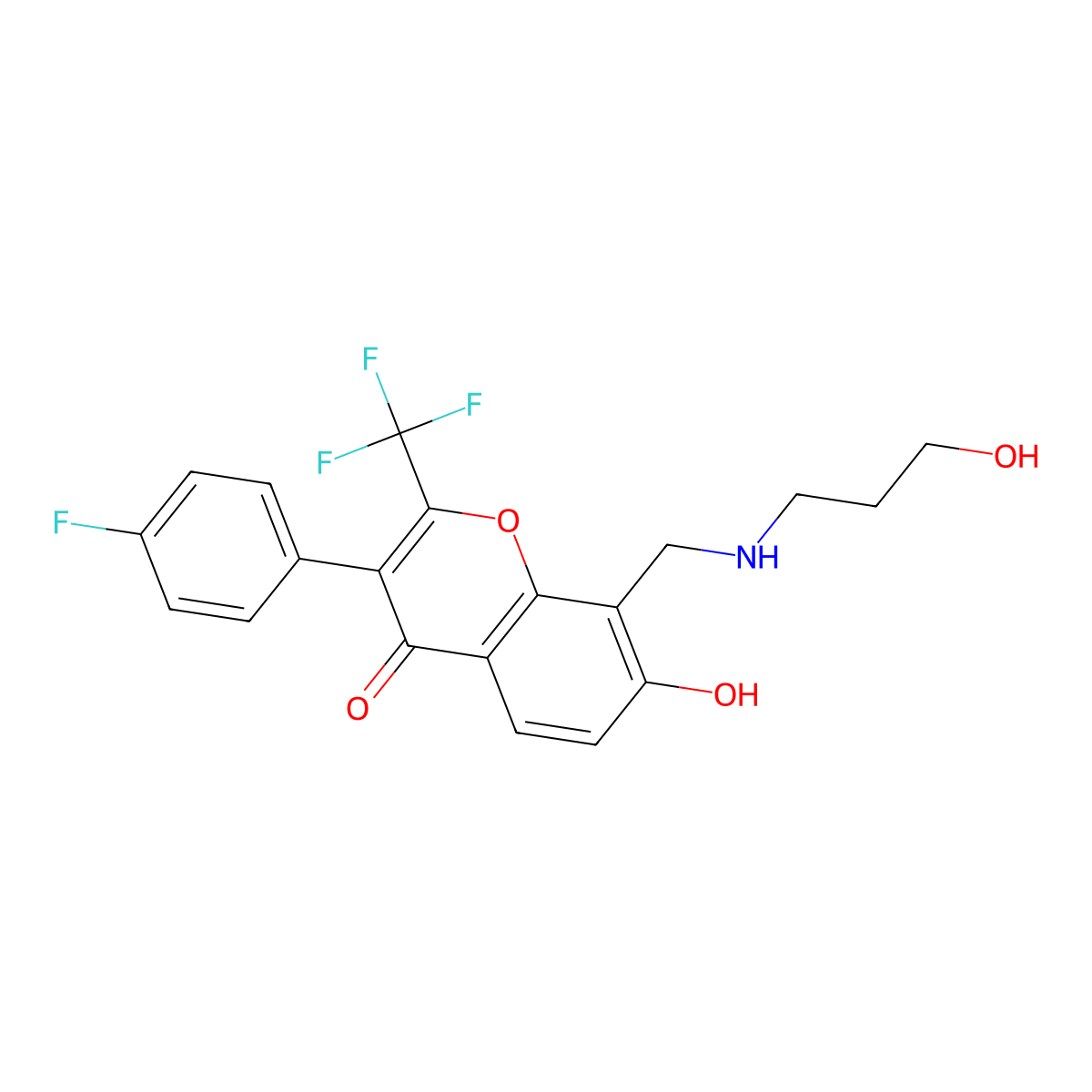 3-(4-fluorophenyl)-7-hydroxy-8-(((3-hydroxypropyl)amino)methyl)-2-(trifluoromethyl)-4H-chromen-4-one molecular structure, CAS 1043390-22-2