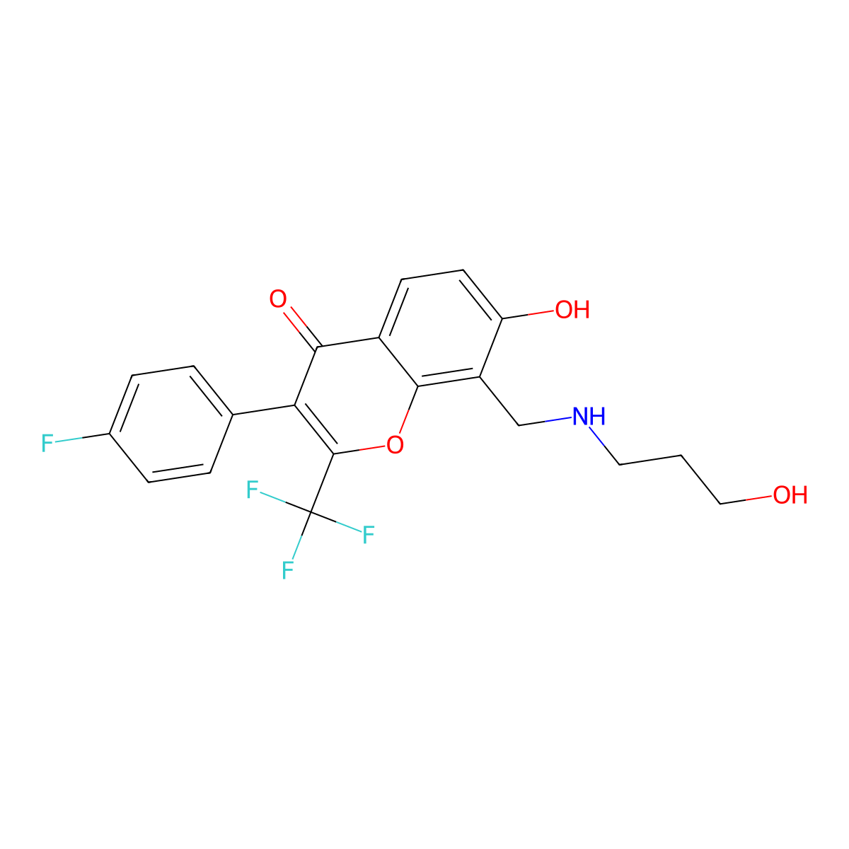 3-(4-fluorophenyl)-7-hydroxy-8-(((3-hydroxypropyl)amino)methyl)-2-(trifluoromethyl)-4H-chromen-4-one molecular structure, CAS 1043390-22-2