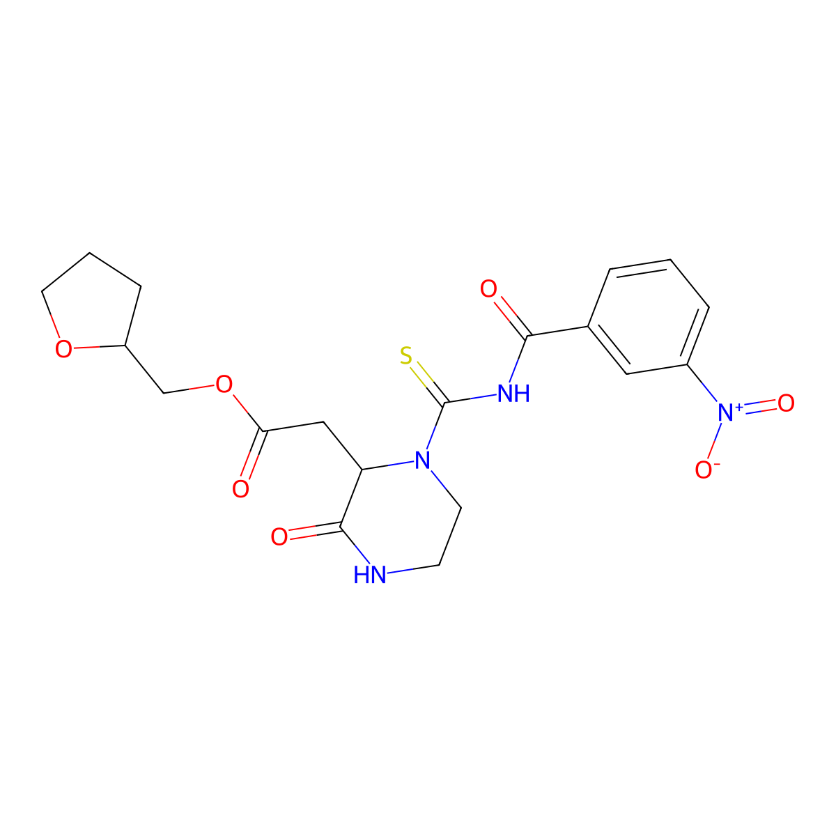 (Tetrahydrofuran-2-yl)methyl 2-(1-((3-nitrobenzoyl)carbamothioyl)-3-oxopiperazin-2-yl)acetate molecular structure, CAS 1043503-36-1