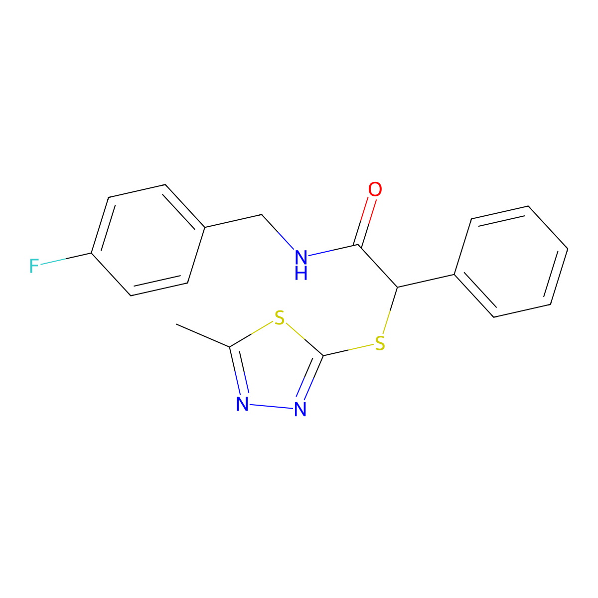 N-(4-fluorobenzyl)-2-[(5-methyl-1,3,4-thiadiazol-2-yl)sulfanyl]-2-phenylacetamide molecular structure, CAS 1043688-85-2