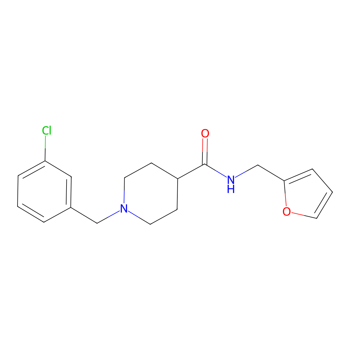 1-(3-chlorobenzyl)-N-(furan-2-ylmethyl)piperidine-4-carboxamide molecular structure, CAS 1043689-67-3
