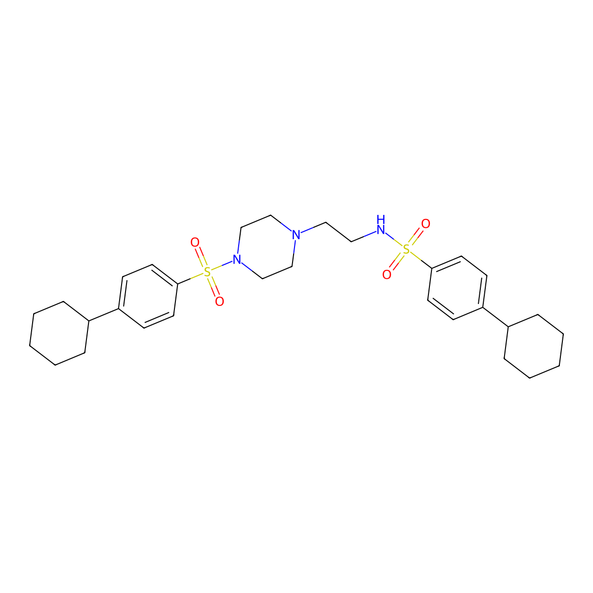 4-cyclohexyl-N-(2-{4-[(4-cyclohexylphenyl)sulfonyl]piperazin-1-yl}ethyl)benzenesulfonamide molecular structure, CAS 1043690-64-7