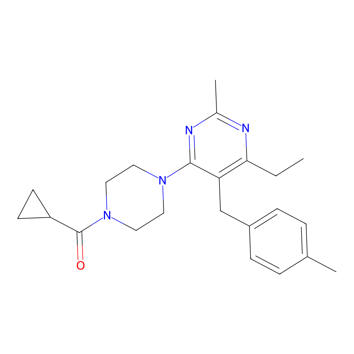 Cyclopropyl{4-[6-ethyl-2-methyl-5-(4-methylbenzyl)-4-pyrimidinyl]piperazino}methanone molecular structure, CAS 1043700-00-0
