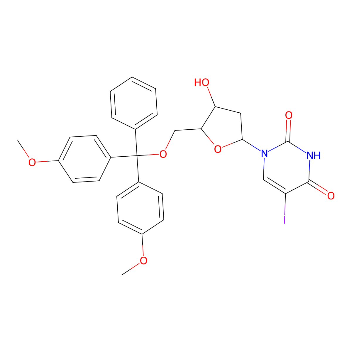 1-((2R,4S,5R)-5-((bis(4-methoxyphenyl)-phenylmethoxy)methyl)-4-hydroxyoxolan-2-yl)-5-iodopyrimidine-2,4-dione molecular structure, CAS 104375-88-4