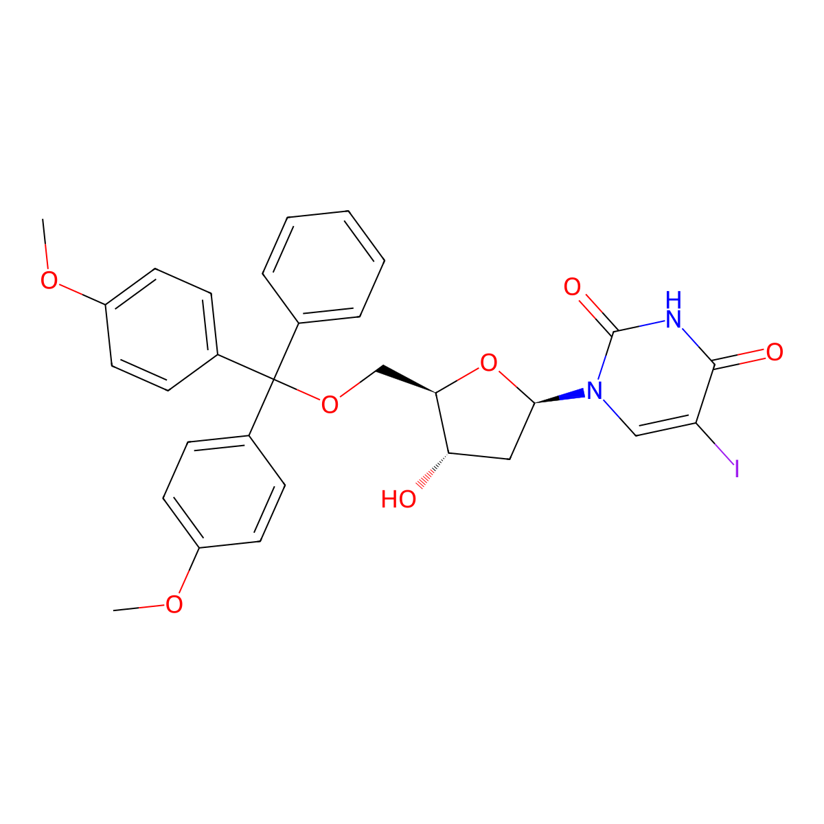 1-((2R,4S,5R)-5-((bis(4-methoxyphenyl)-phenylmethoxy)methyl)-4-hydroxyoxolan-2-yl)-5-iodopyrimidine-2,4-dione molecular structure, CAS 104375-88-4