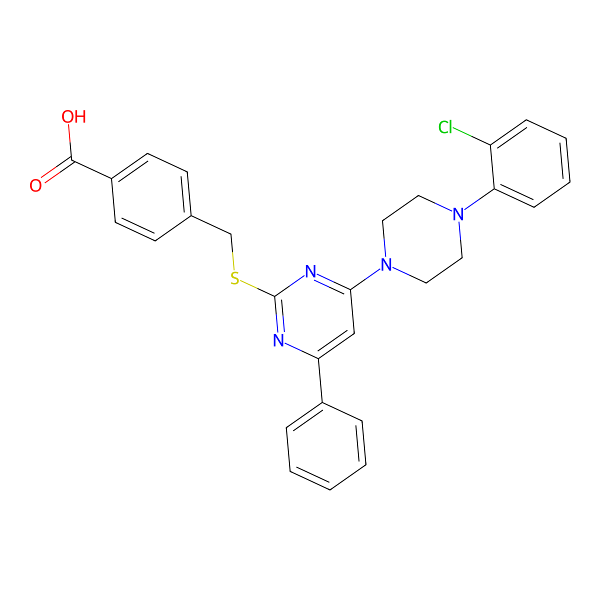 4-(((4-(4-(2-Chlorophenyl)piperazin-1-yl)-6-phenylpyrimidin-2-yl)thio)methyl)benzoic acid molecular structure, CAS 1043854-13-2