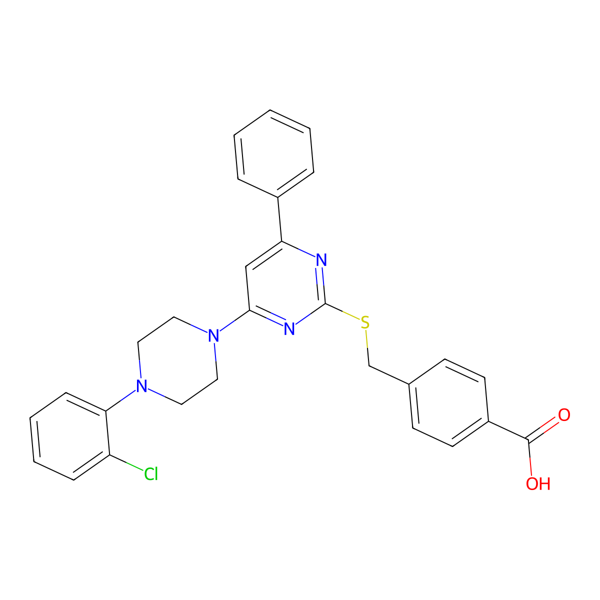 4-(((4-(4-(2-Chlorophenyl)piperazin-1-yl)-6-phenylpyrimidin-2-yl)thio)methyl)benzoic acid molecular structure, CAS 1043854-13-2