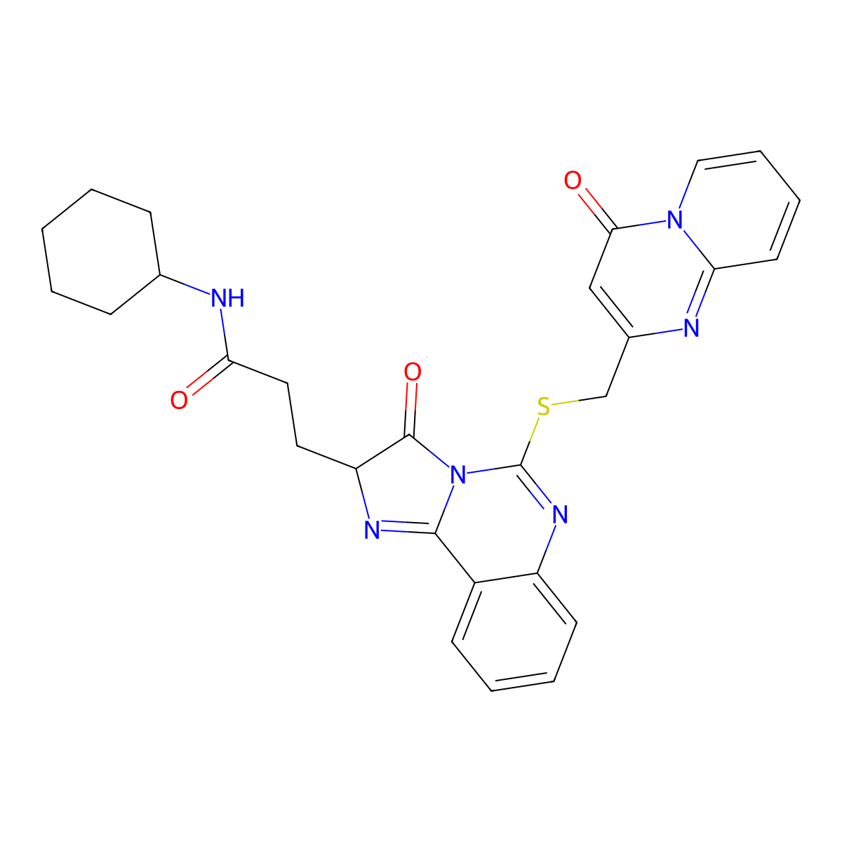 N-cyclohexyl-3-[3-oxo-5-[(4-oxopyrido[1,2-a]pyrimidin-2-yl)methylsulfanyl]-2H-imidazo[1,2-c]quinazolin-2-yl]propanamide molecular structure, CAS 1043891-85-5