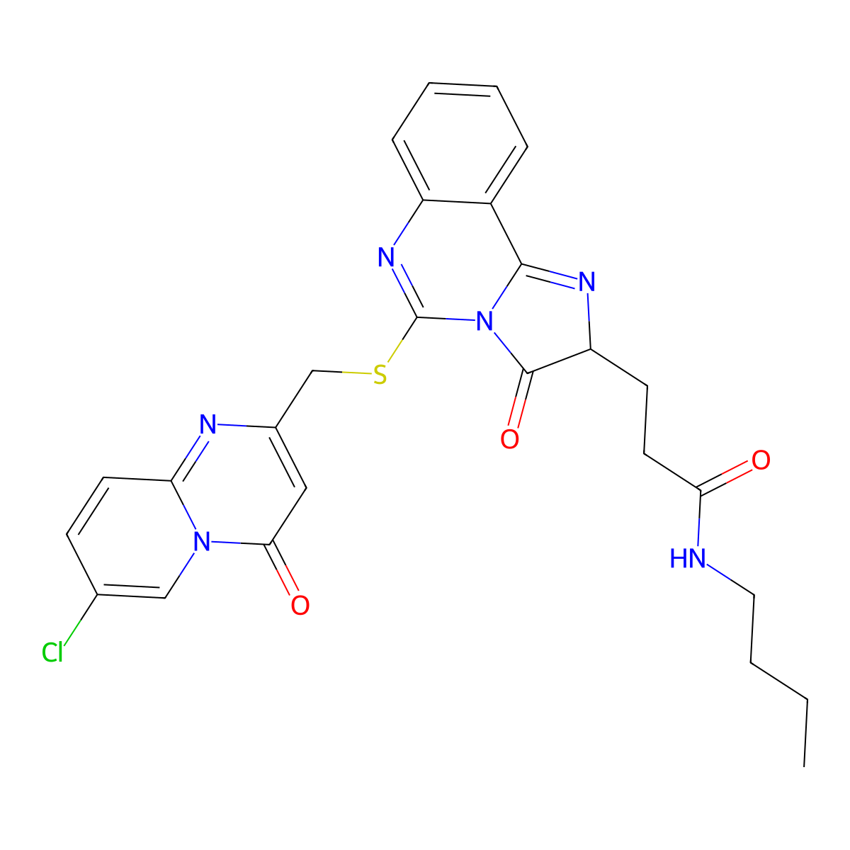 N-butyl-3-{5-[({7-chloro-4-oxo-4H-pyrido[1,2-a]pyrimidin-2-yl}methyl)sulfanyl]-3-oxo-2H,3H-imidazo[1,2-c]quinazolin-2-yl}propanamide molecular structure, CAS 1043909-44-9