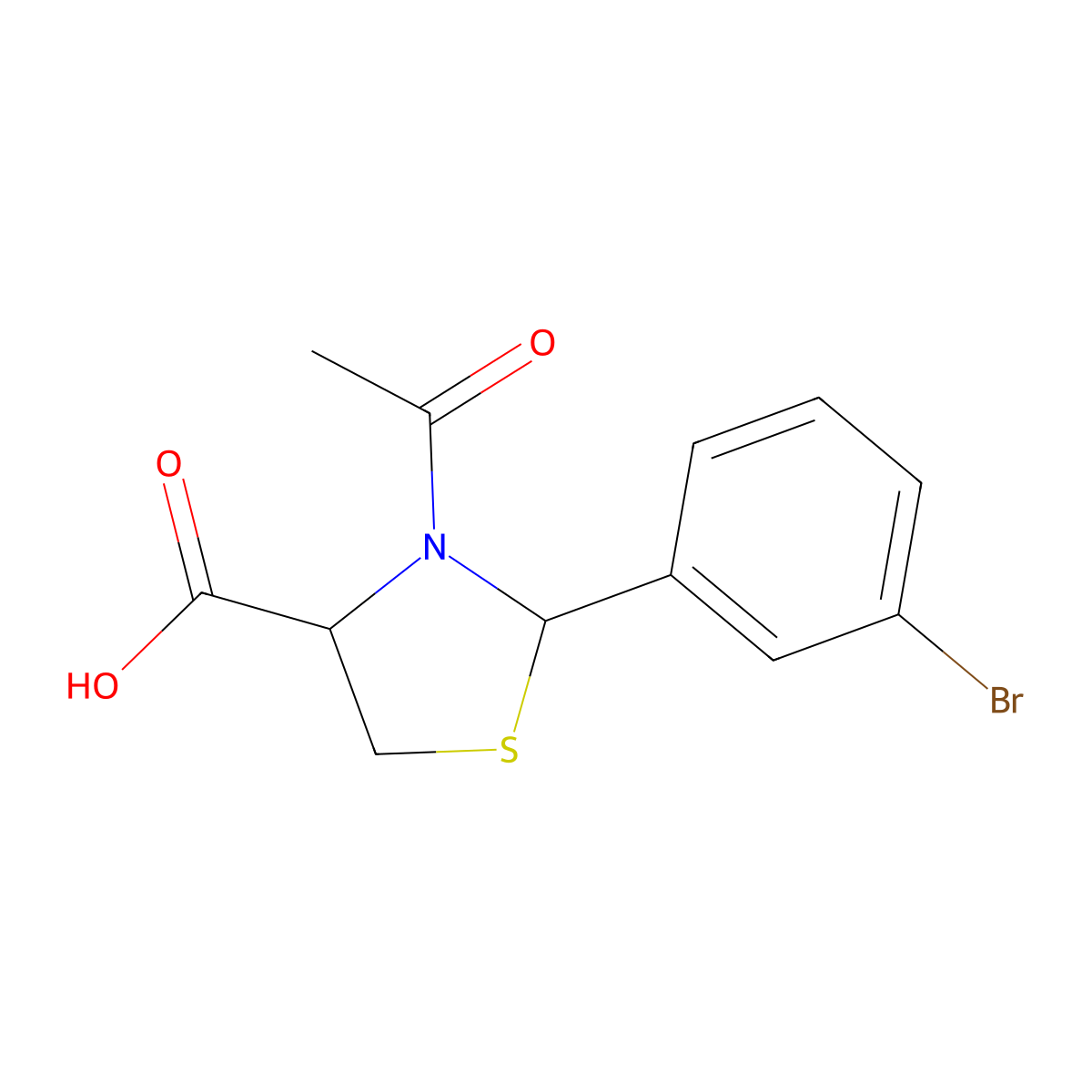 3-Acetyl-2-(3-bromophenyl)-1,3-thiazolidine-4-carboxylic acid molecular structure, CAS 1044138-40-0