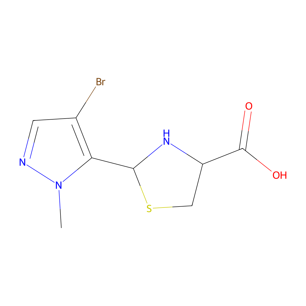 2-(4-bromo-1-methyl-1H-pyrazol-5-yl)-1,3-thiazolidine-4-carboxylic acid molecular structure, CAS 1044257-86-4