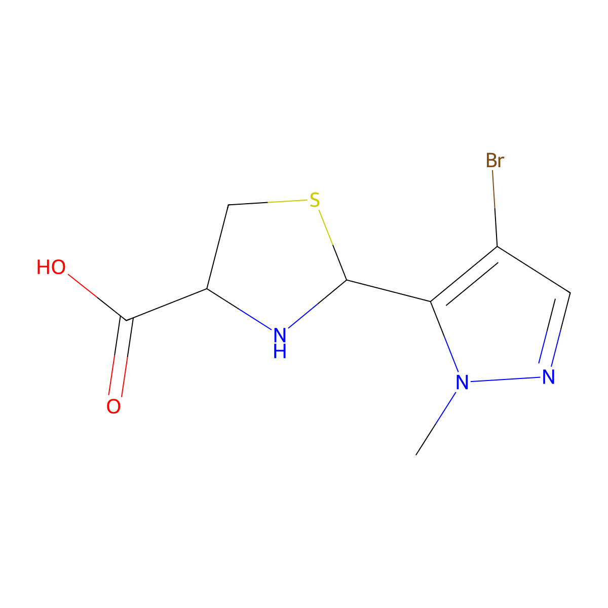 2-(4-bromo-1-methyl-1H-pyrazol-5-yl)-1,3-thiazolidine-4-carboxylic acid molecular structure, CAS 1044257-86-4