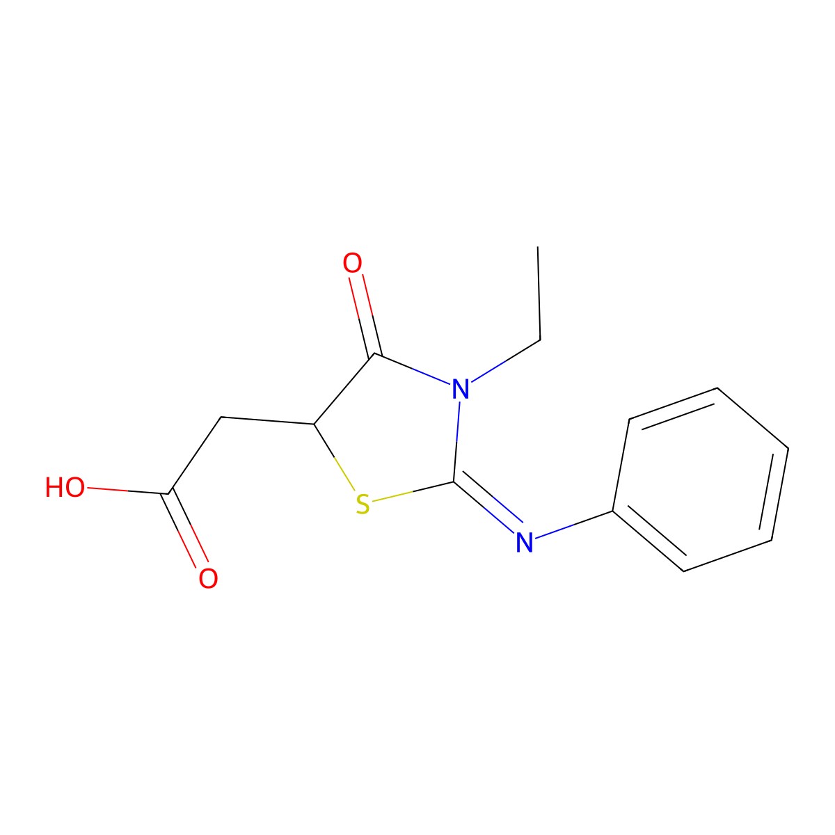 (3-Ethyl-4-oxo-2-phenylimino-thiazolidin-5-yl)-acetic acid molecular structure, CAS 104445-59-2