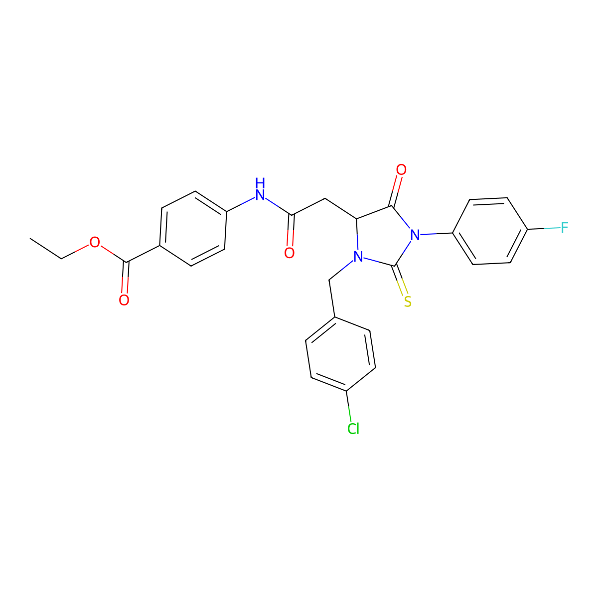 Ethyl 4-({[3-(4-chlorobenzyl)-1-(4-fluorophenyl)-5-oxo-2-thioxoimidazolidin-4-yl]acetyl}amino)benzoate molecular structure, CAS 1044507-06-3