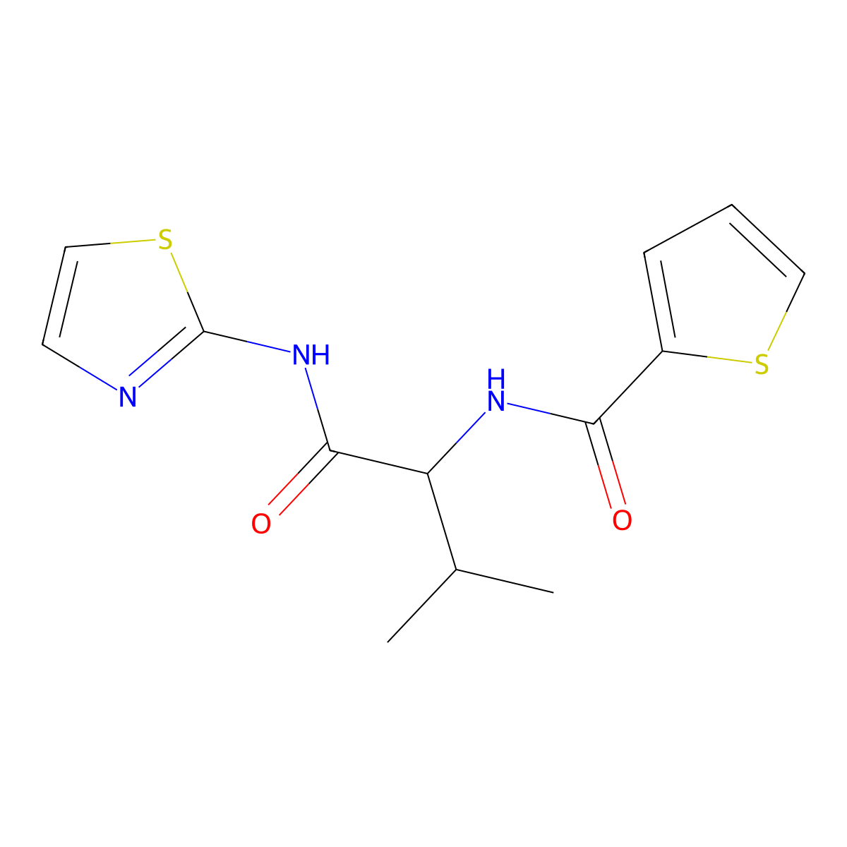 3-methyl-N-(1,3-thiazol-2-yl)-2-[(thiophen-2-yl)formamido]butanamide molecular structure, CAS 1044509-38-7