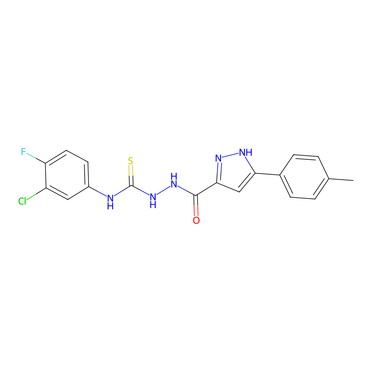 N-(3-chloro-4-fluorophenyl)-2-{[5-(4-methylphenyl)-1H-pyrazol-3-yl]carbonyl}hydrazinecarbothioamide molecular structure, CAS 1044538-32-0