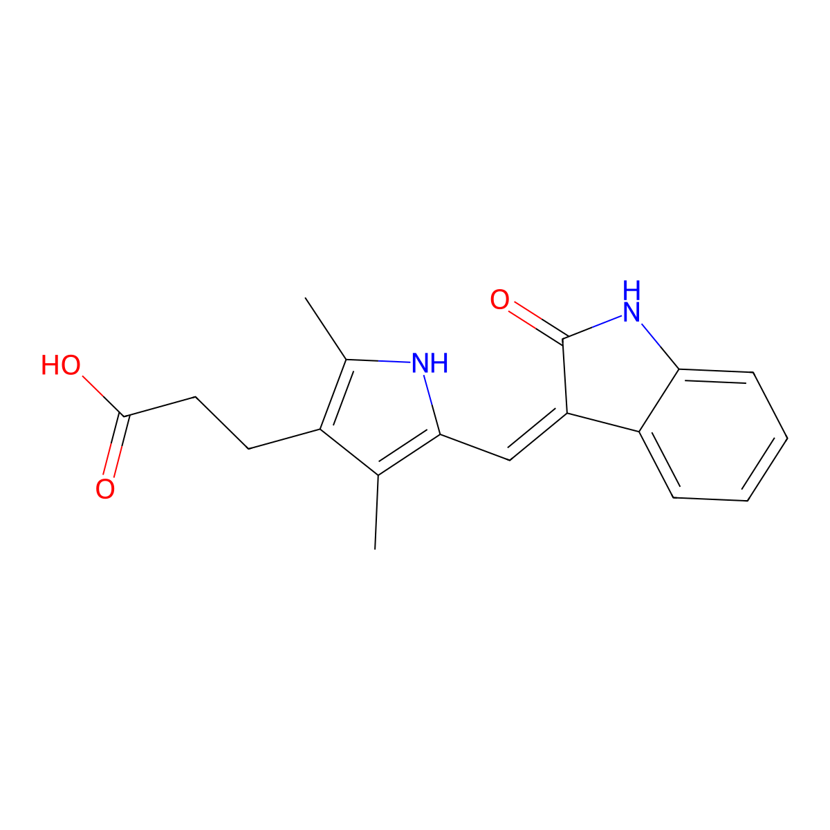 3-[2,4-dimethyl-5-[(E)-(2-oxo-1H-indol-3-ylidene)methyl]-1H-pyrrol-3-yl]propanoic acid molecular structure, CAS 1044712-39-1