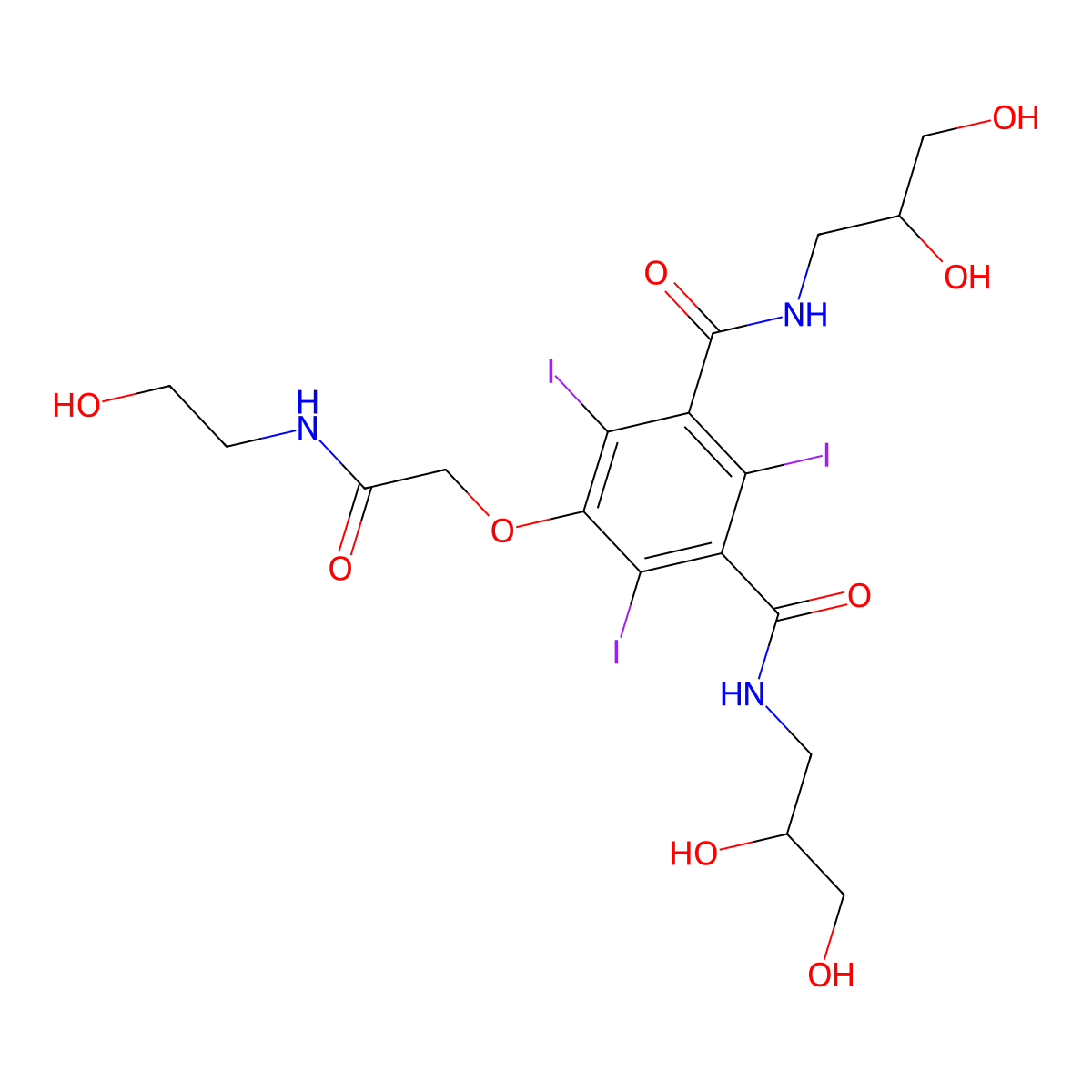 N,N'-Bis(2,3-dihydroxypropyl)-5-[(N-(2-hydroxyethyl)-carbamoyl)methoxy]-2,4,6-triiodoisophthalamide molecular structure, CAS 104517-96-6