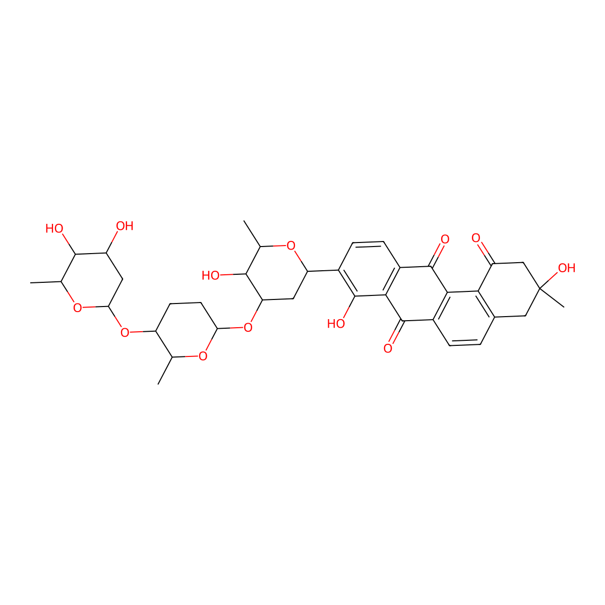 (3R)-9-(2,6-Dideoxy-3-O-((2S,5S,6S)-5-((2,6-dideoxy-beta-D-arabino-hexopyranosyl)oxy)tetrahydro-6-methyl-2H-pyran-2-yl)-beta-D-arabino-hexopyranosyl)-3,4-dihydro-3,8-dihydroxy-3-methylbenz(a)anthracene-1,7,12(2H)-trione molecular structure, CAS 104542-46-3