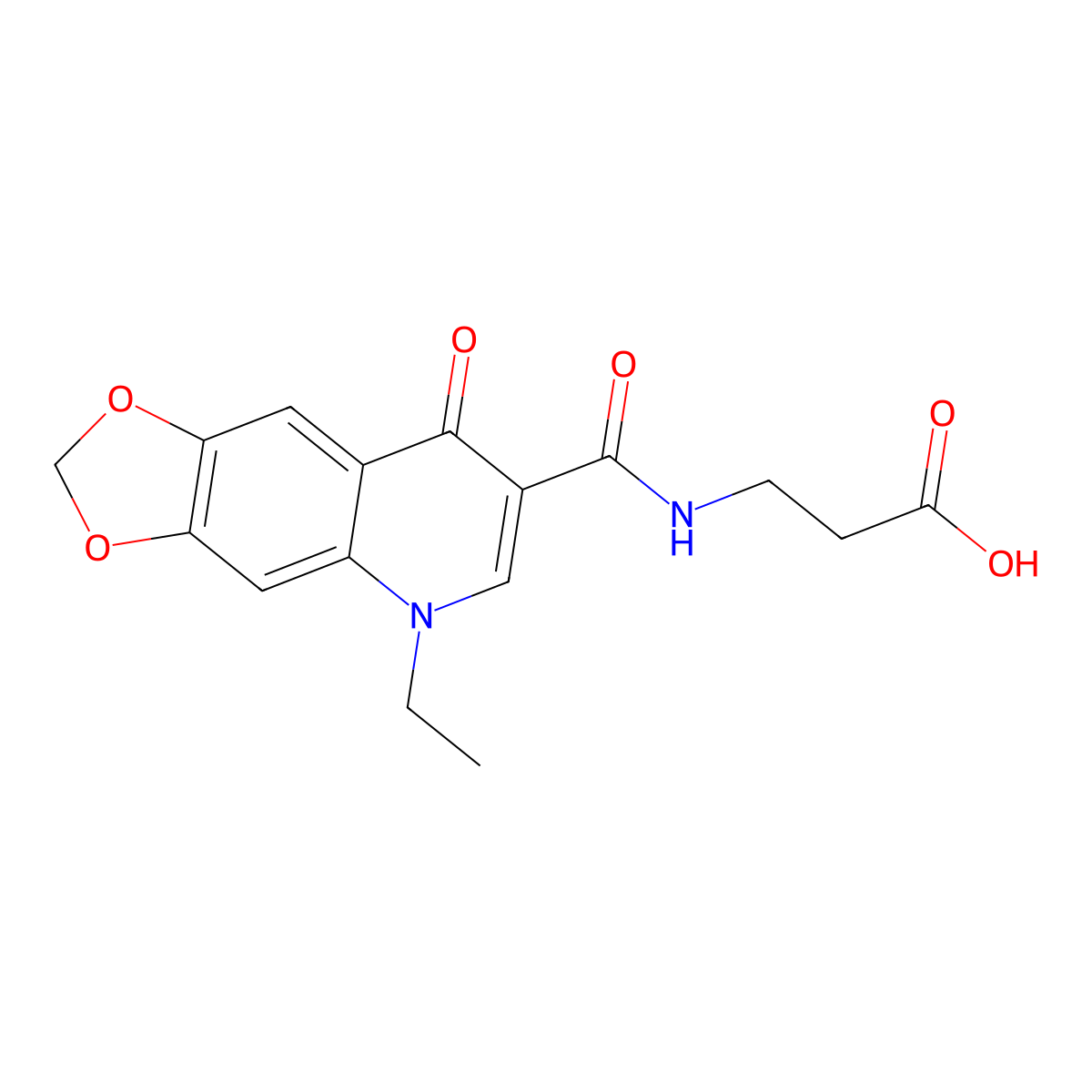 beta-Alanine, N-((5-ethyl-5,8-dihydro-8-oxo-1,3-dioxolo(4,5-g)quinolin-7-yl)carbonyl)- molecular structure, CAS 104571-64-4