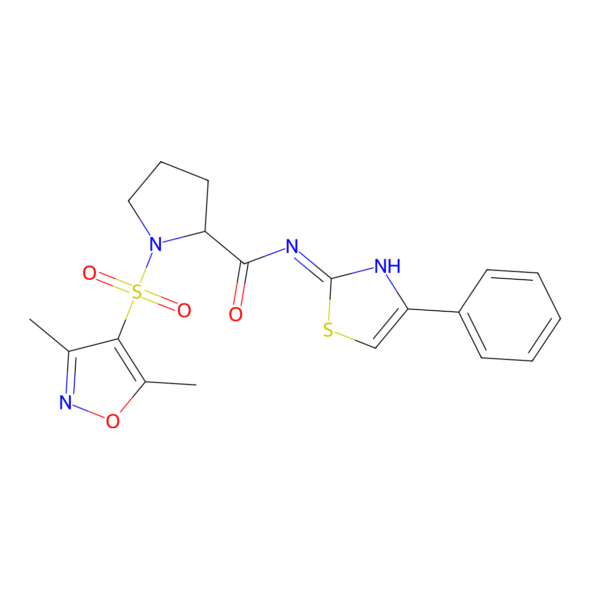 {1-[(3,5-dimethylisoxazol-4-yl)sulfonyl]pyrrolidin-2-yl}-N-(4-phenyl(1,3-thiaz ol-2-yl))carboxamide molecular structure, CAS 1045793-46-1