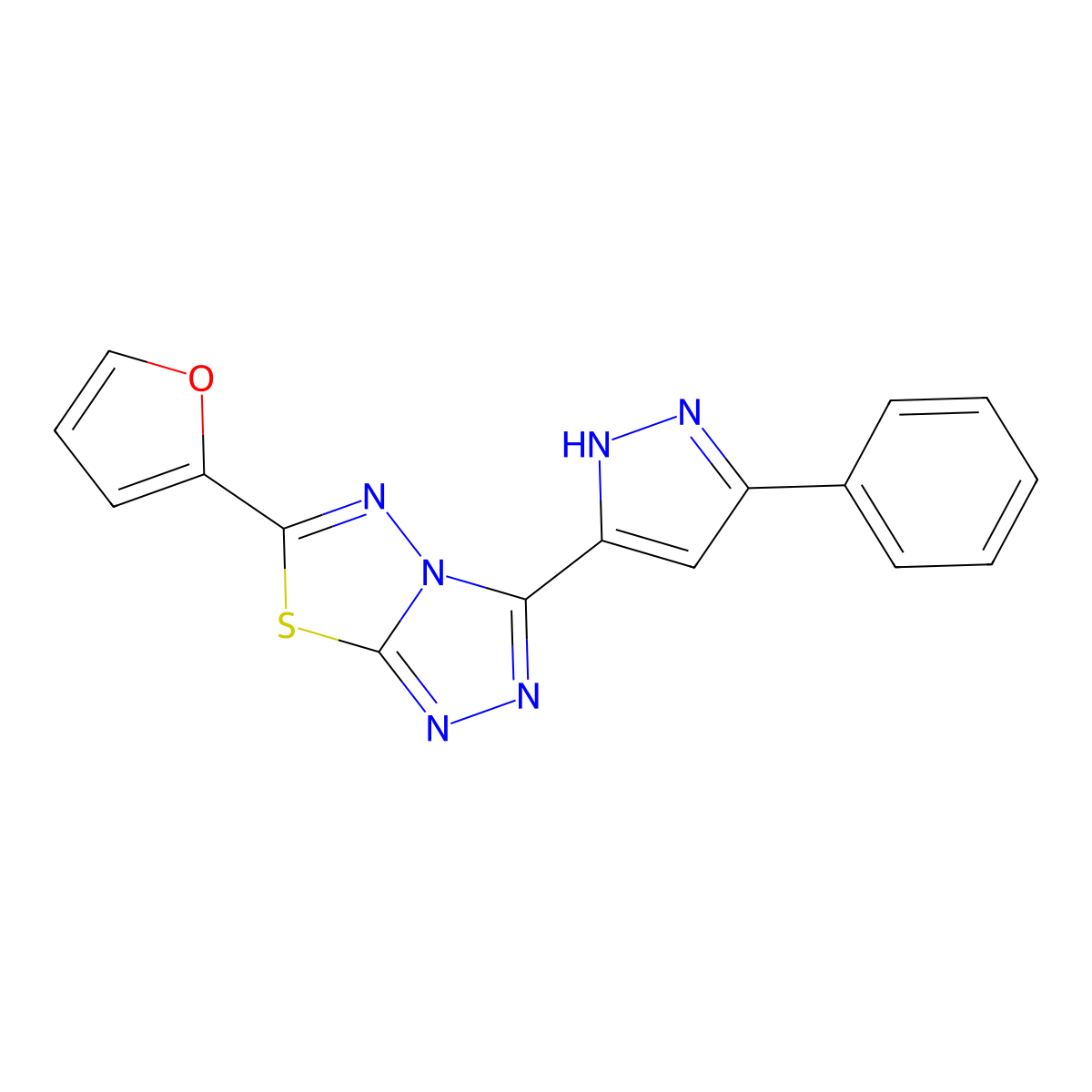 6-(furan-2-yl)-3-(3-phenyl-1H-pyrazol-5-yl)[1,2,4]triazolo[3,4-b][1,3,4]thiadiazole molecular structure, CAS 1045809-94-6
